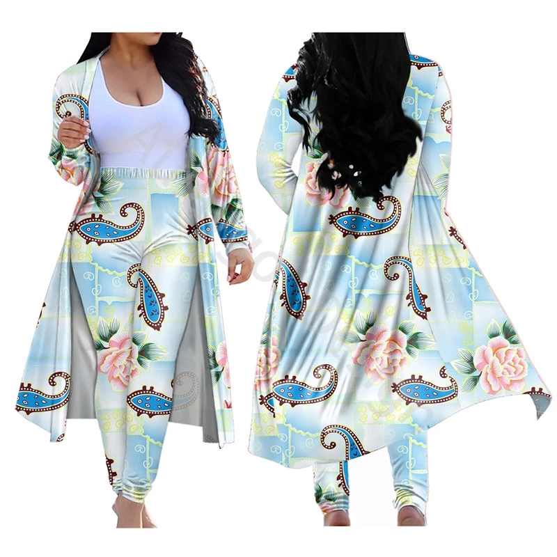 

National Palis Pattern Plus Size Women Cardigan Pants Set Sexy Outfits For Woman Plus Size Long Coat Leggings Custom Made