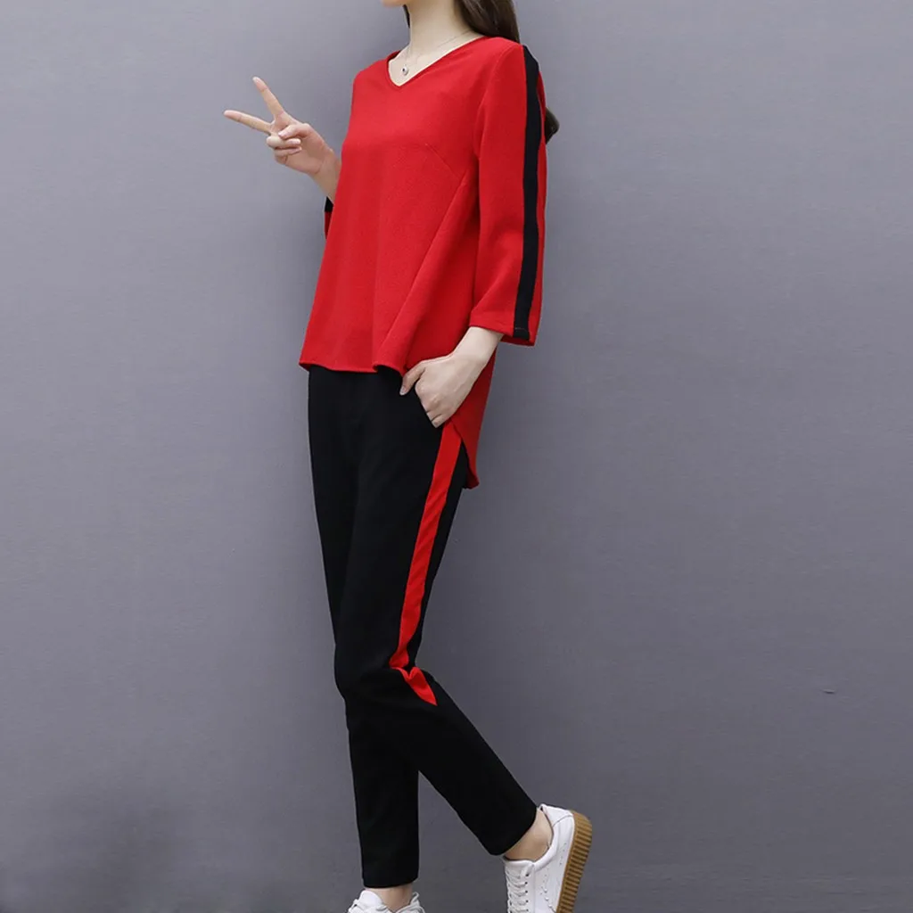 

fashion women sportsuits vintage red and black 2 piece set casual sport suit women tracksuit set women sport tute donna #3