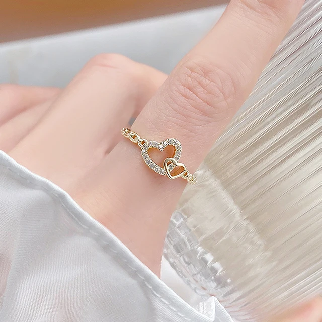 Gold Double Heart Ring 1/5 Cttw Round Natural Diamond Womens