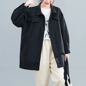 

High-quality oversize black denim jacket women spring vintage jeans coat plus size 5XL casual top outerwear 130kg can wear G915