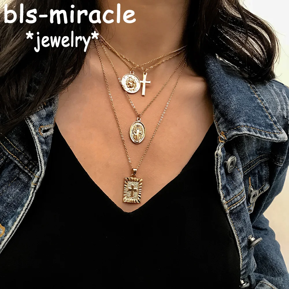 Boho Virgin Mary Cross Pendant Choker Necklaces For Women Square Iron Portrait Coin Multi-layer Long Necklace Statement Jewelry | Украшения