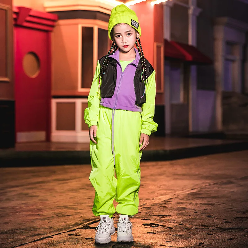 

Hip Hop Dance Costumes Fluorescent Green Jacket Pants Kids Jazz Clothes Children Modern Dancing Stage Performance Wear DN4102
