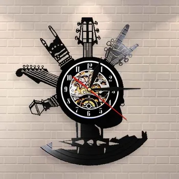 

Guitar Vinyl Record Wall Clock Musical Instruments Gifts For Rock Music Fans Home Art Design Personalized Decor Clock
