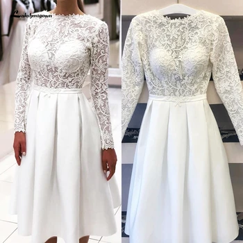 

Short Garden Wedding Dresses Full Lace Long Sleeves Illusion Satin Bridal Gowns Beach 2020 Vestido de Noiva Corto