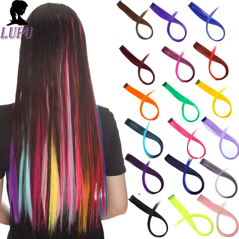 

LUPU 22" Long Straight Rainbow Colorful Synthetic Hair Extension Clip In One Piece Heat Resistant Natural Fake Hair Piece
