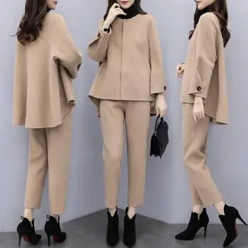 

Camel Woolen Two Piece Set Women Winter Long Sleeve Tops And Pants Sets Office 2 Piece Set Women's Sets