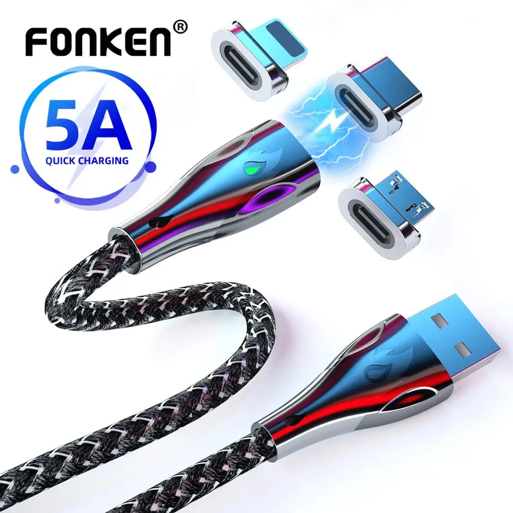 FONKEN-Cable magnético 5A para iPhone, Cable Micro USB C de carga rápida para Huawei, Xiaomi, Cable magnético tipo C