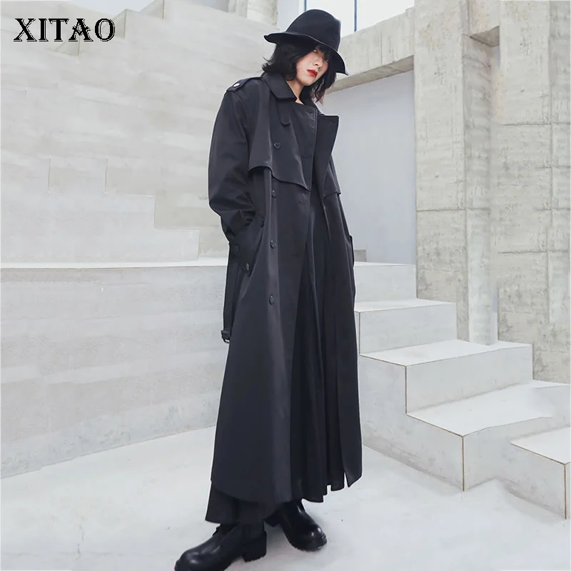 XITAO оснастка длинное пальто для женщин Элегантный стиль черный плащ осень зима бандаж Тонкий был тонкий двубортный топ XJ2103