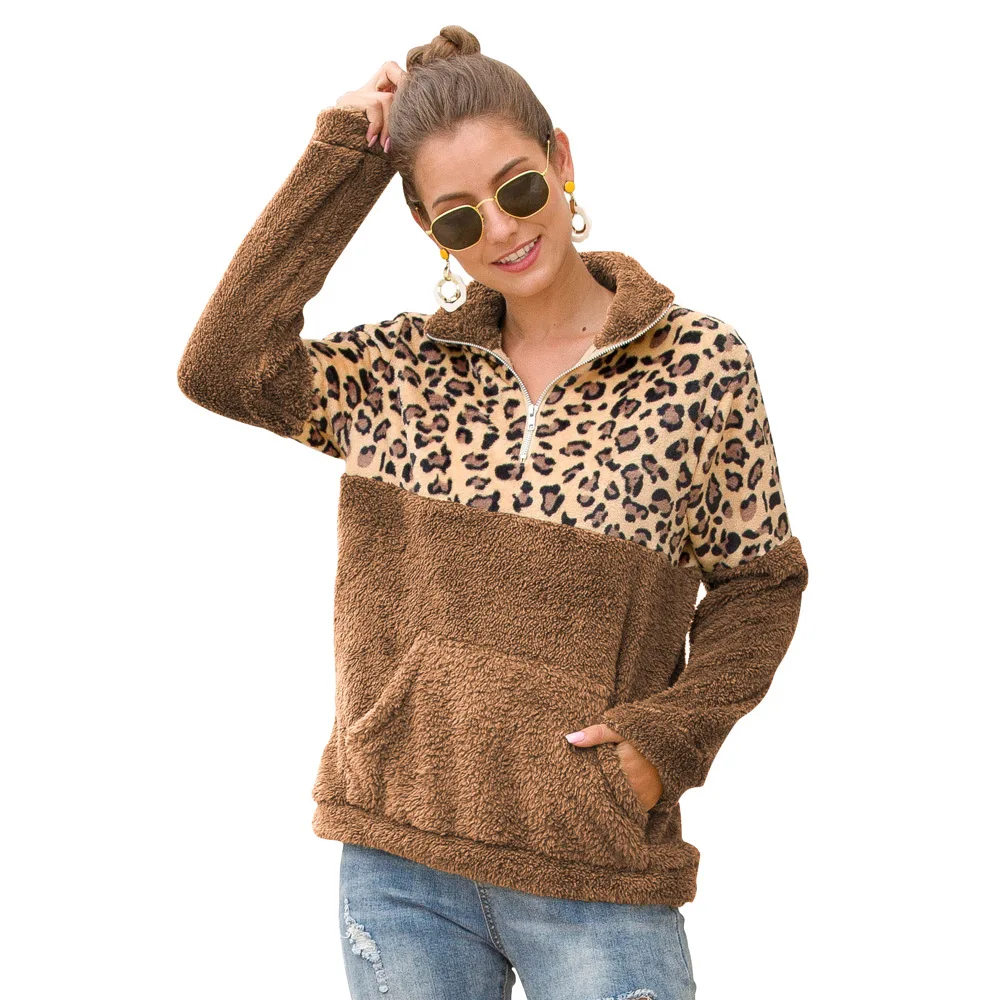 

Women's Leopard Sweatshirts Fall/Winter Explosion Women's Clothes Fashion Flocking Long Sleeve Hoodies Leopard Stitching Top