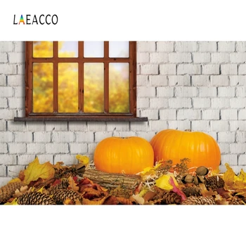 

Laeacco Brick Wall Window Pumpkin Leaves Photography Backdrops Autumn Forest Scenery Backgrounds Baby Portrait Photozone Props