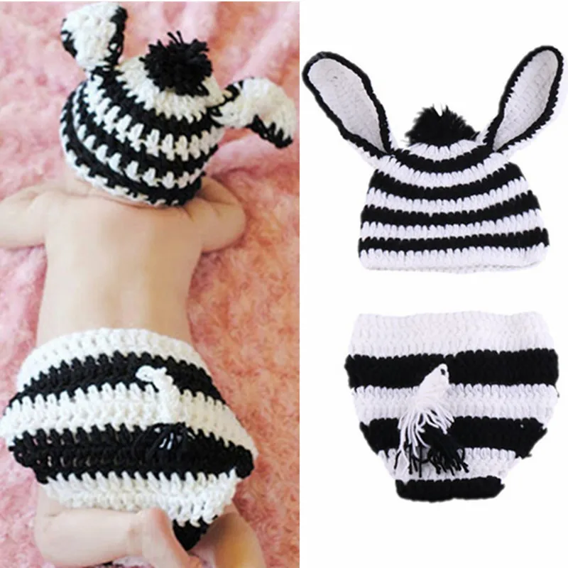 2pcs/Set Newborn Photography Props Crochet Knitted Cartoon Zebra Set Baby Hat + Diaper Clothing Set Baby Boy Girl  Clothes