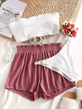 

Zaful Ribbed O-Ring Lace-Up Bandeau Three Piece Swimsuit