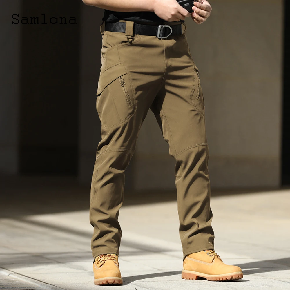 Samlona Plus Size Mens Cargo Pants 2022 European Style All-Match Skinny Pants Male Zipper Pockets Trouser Outdoor Casual Pant mens cargo trousers