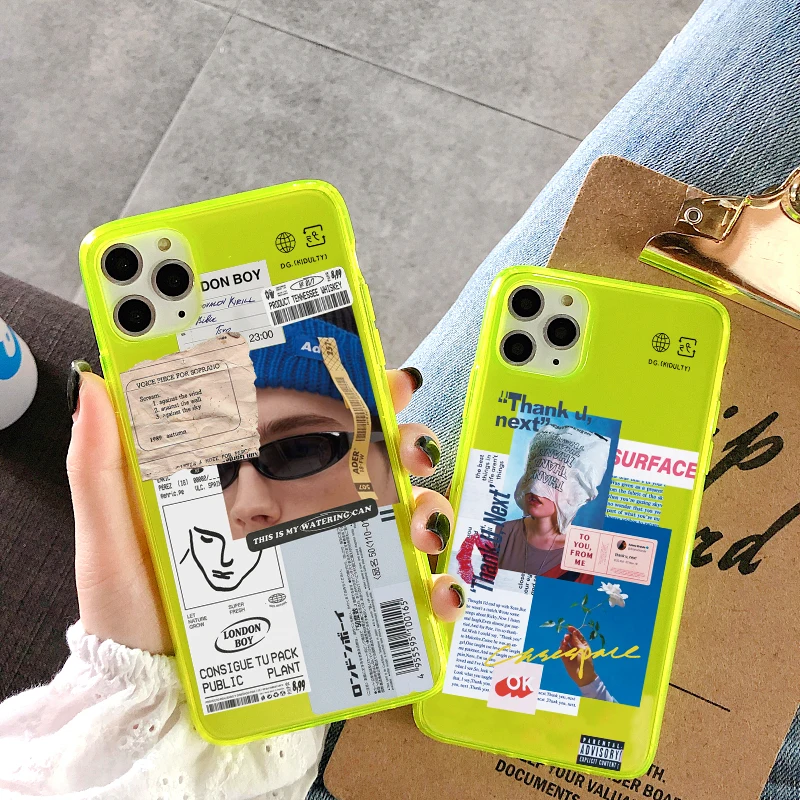 Флуоресцентный чехол для телефона с ярлыком iphone 12 11 Pro Max 7 8 plus SE 2020 X XR XS милые