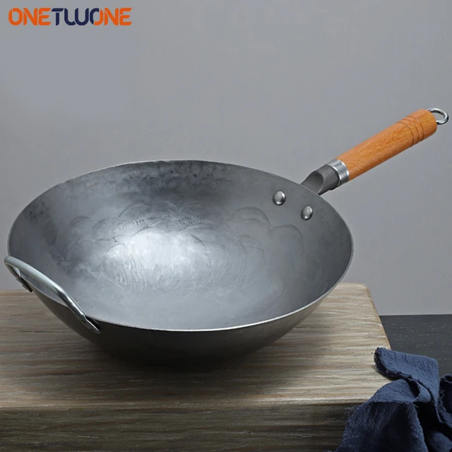 Wok en fonte antiadhésif fait à la main, poignée en bois amovible, marmite  de cuisine domestique, ustensiles de cuisine, cuisinière à gaz - AliExpress