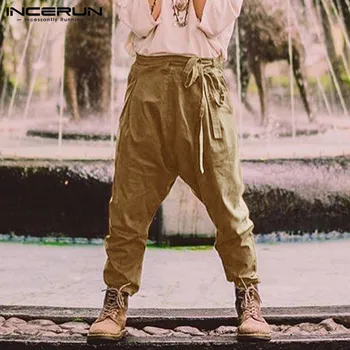 

INCERUN Solid Color Men Casual Fashion Pants Lace Up Zipper Joggers Loose Streetwear Long Pants Trousers Men 2020 With Belt 5XL