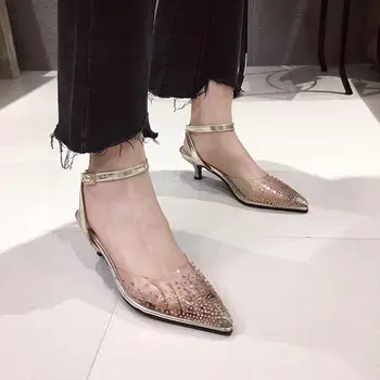 

Transparent Women Sandals Rhinestone Fashion Thin Mid Heels Sandals Pointed Toe Crystal Elegant Party Wedding Dress Shoes Woman
