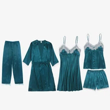 Сексуальный банбанный халат пижамный комплект Женский 5 шт ремень топ брюки костюм пижамы Повседневная Домашняя ночная рубашка кимоно Халат