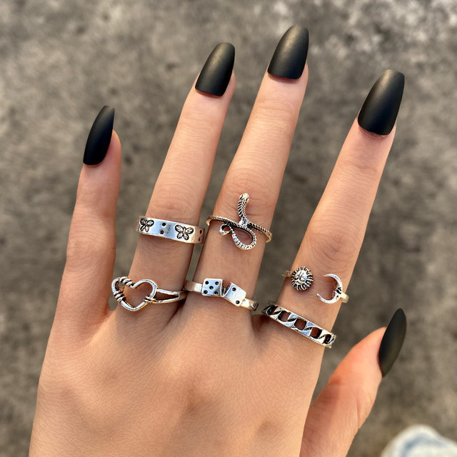 Silver Color Skull Heart Rings Set For Women Men Gothic Chain Retro Rings 2021 Trend Fashion Jewelry