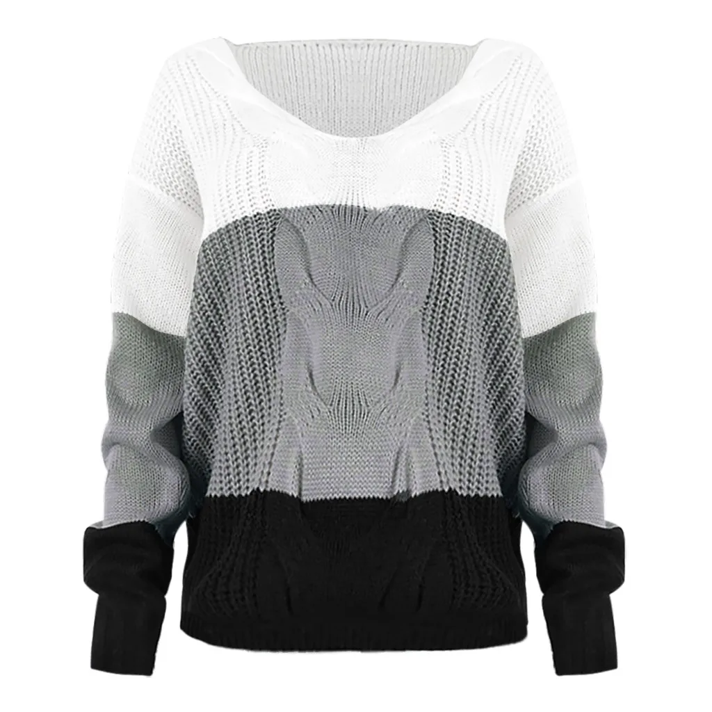 Женский свитер с v-образным вырезом с открытыми плечами и цветным сочетанием, деловой Удобный свободный пуловер, свитер, простой джемпер