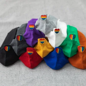 

Spring And Summer 2020 New Fasahion Women's Boat Socks Breathable Cotton Socks Cute Rainbow Color Heart Embroidery Socks Colleag