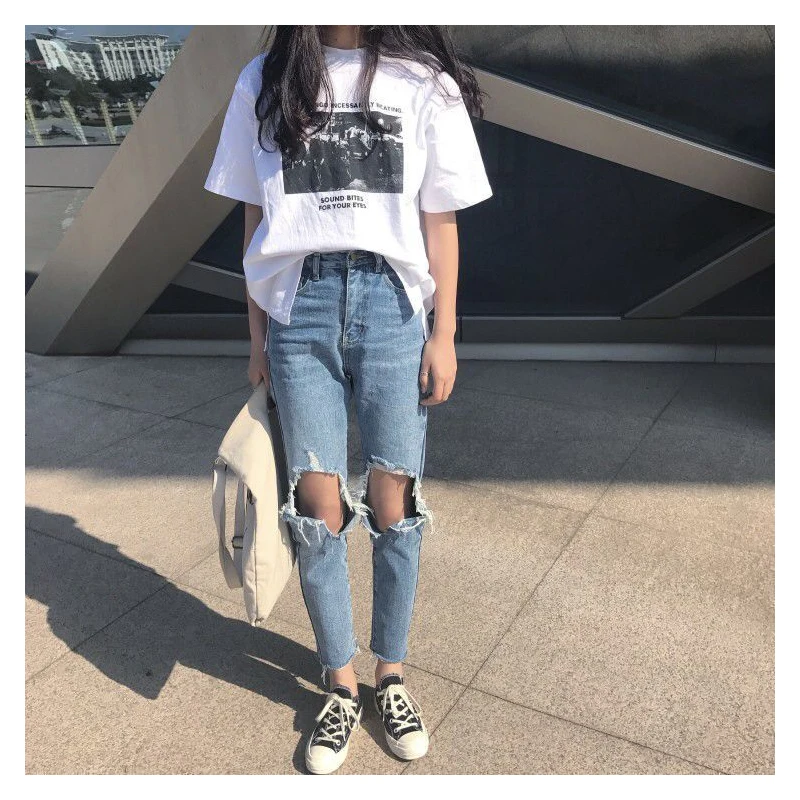 

High Waist Ripped Jeans Women's Ankle Length Pants Cool Fashion Korean Style Loose Autumn New Skinny Female Denim Trousers