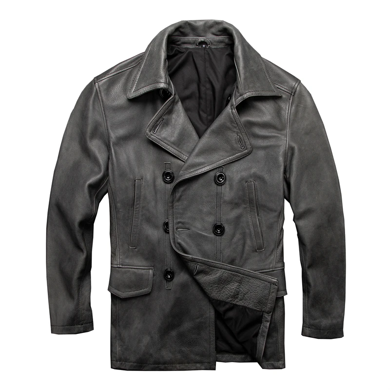 Vintage Grey Винтажный серый мужской длинный повседневный кожаный пиджак двубортный большой размер 5XL Натуральная Воловья кожа русская Осенняя кожаная куртка - Цвет: Vintage Grey