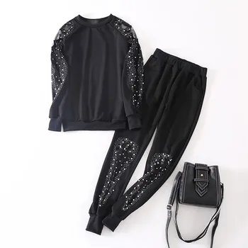 

CBAFU spring two piece set women mesh pearls rhinestone pants suit threaded sleeve stretch women traksuit plus szie black P911