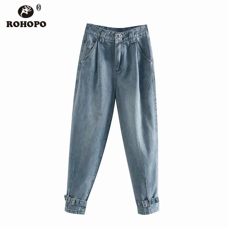 ROHOPO небесно-голубые джинсовые хлопковые широкие джинсы с высокой талией, с пряжкой, с манжетами, из стираной ткани, снизу сзади, с отворотом, с карманами, джинсовые брюки#1199 - Цвет: Небесно-голубой