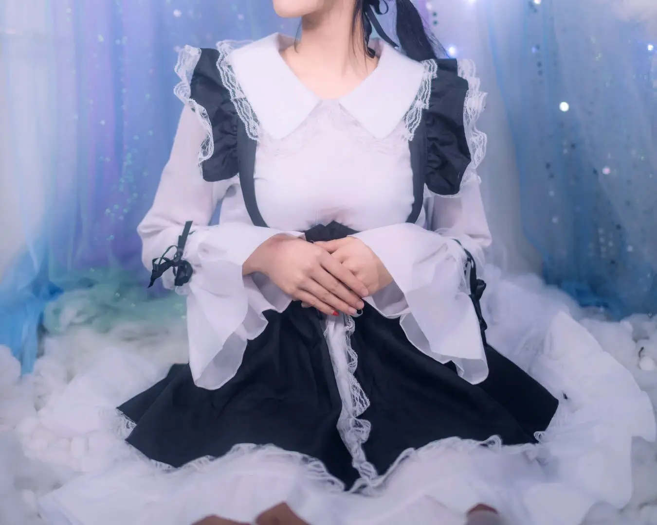 Костюм Харадзюку платье горничной лолиты Kawaii боди с длинными рукавами Черный обтягивающий винтажный белый японский милый девушка косплей платья Милое милое черно-белое платье для косплея в стиле Лолиты в готическом