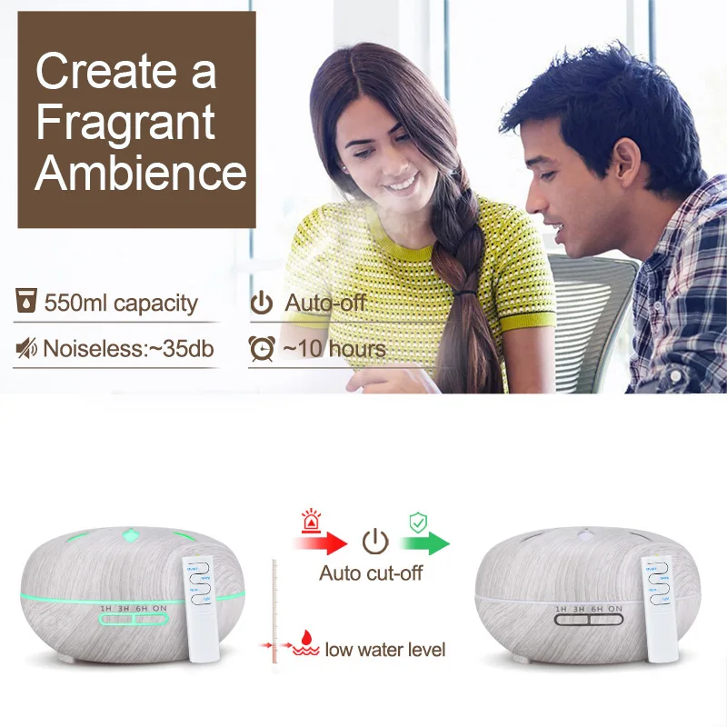 Skup KBAYBO 550ml dyfuzor olejków eterycznych nawilżacz powietrza białe drewno pilot mgła aromaterapeutyczna maker LED lampka nocna dla domu