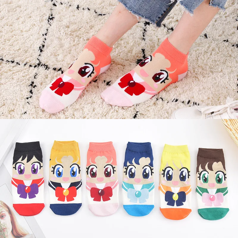 Women Socks 6 pairs Novel original design cute Kawaii playful cat sailor Moon breathable funny lovely