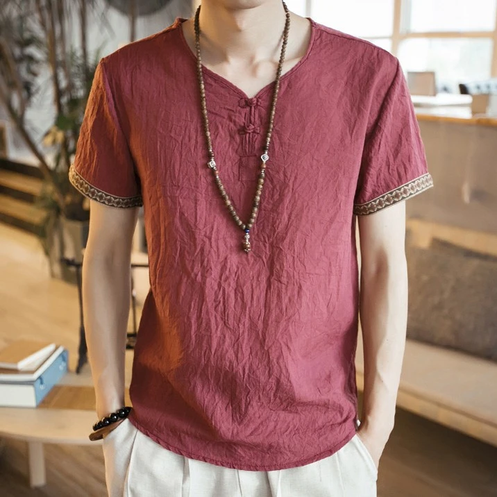 Summer Men Cotton Linen Blouse Short Sleeve T Shirt Chinese Traditional Clothes Male Retro Hanfu Tang Suit Streetwear Tees Tops