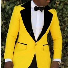 Fashion Yellow Jacket Prom Men Wedding Suits Black Peaked Lapel Mens Tuxedo Groom Groomsman Best Man Slim Fit Mens Suits