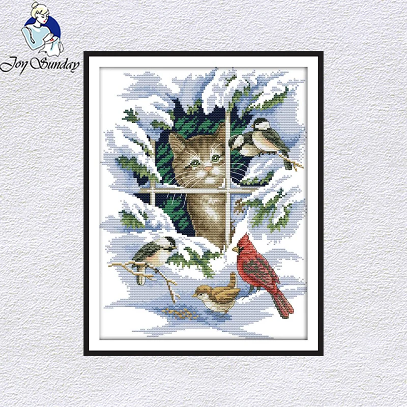 

Joy Sunday Snow cat and bird cross stitch kits printed chinese embroidery needlework decorations for home cross stitch patterns