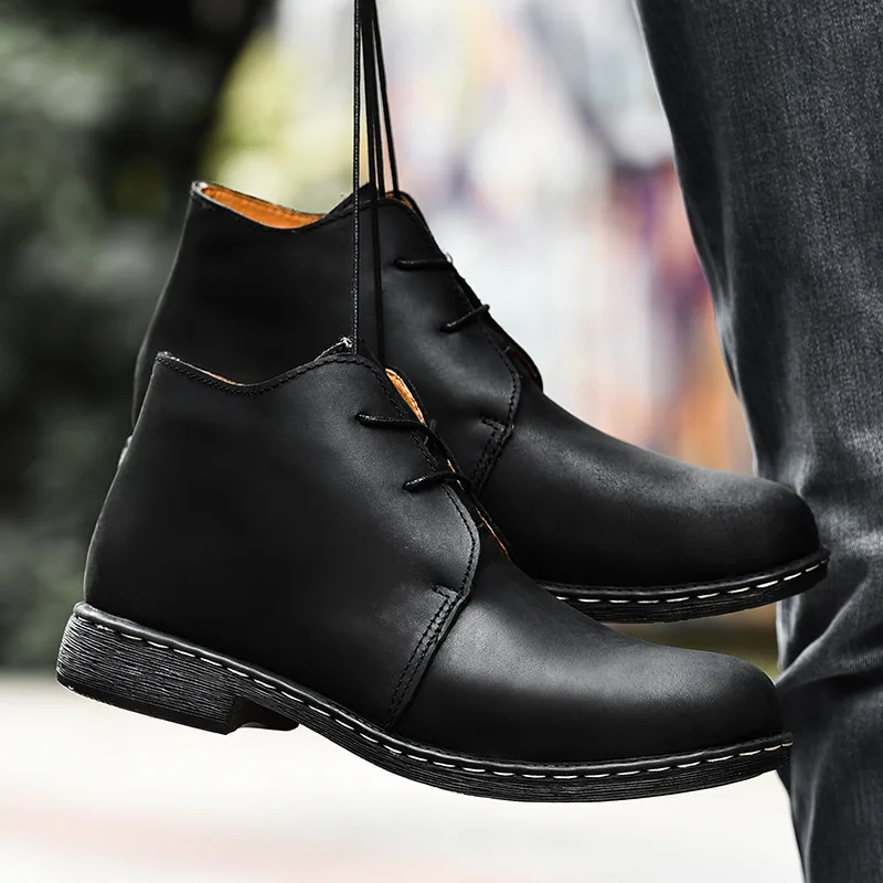 Мужские ботинки размера плюс 38-47, однотонные повседневные осенне-зимние ботильоны на шнуровке, мужская обувь из натуральной кожи, коричневая обувь