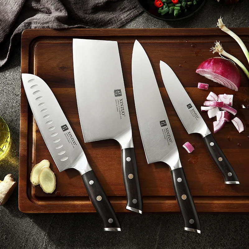 XINZUO 4 шт Секач шеф-повара Santoku набор ножей из высокоуглеродистой нержавеющей стали Din 1,4116 новые кухонные ножи с черной ручкой