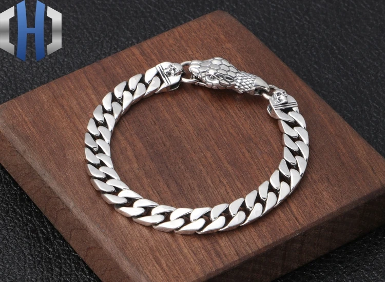 925 пробы, серебряная Мужская цепочка на запястье, ювелирное изделие, тайский серебряный светильник, для тела, змеиная голова, пряжка, браслет, ретро стиль, классика, Креатив