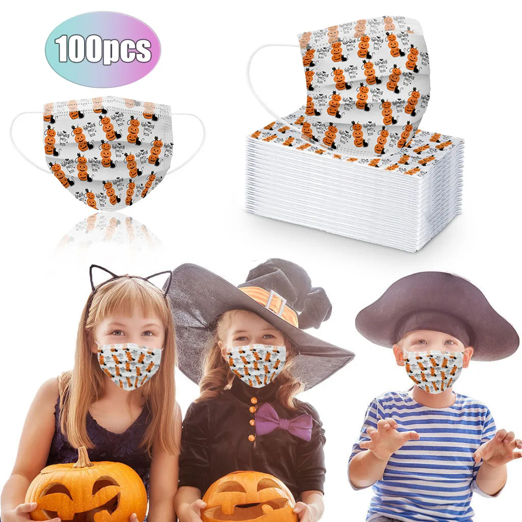 

100PC Halloween Kids Maske For Face Children's Disposable Facemasks Industrial 3Ply Ear Loop Dust Pollution Proof Party supplies
