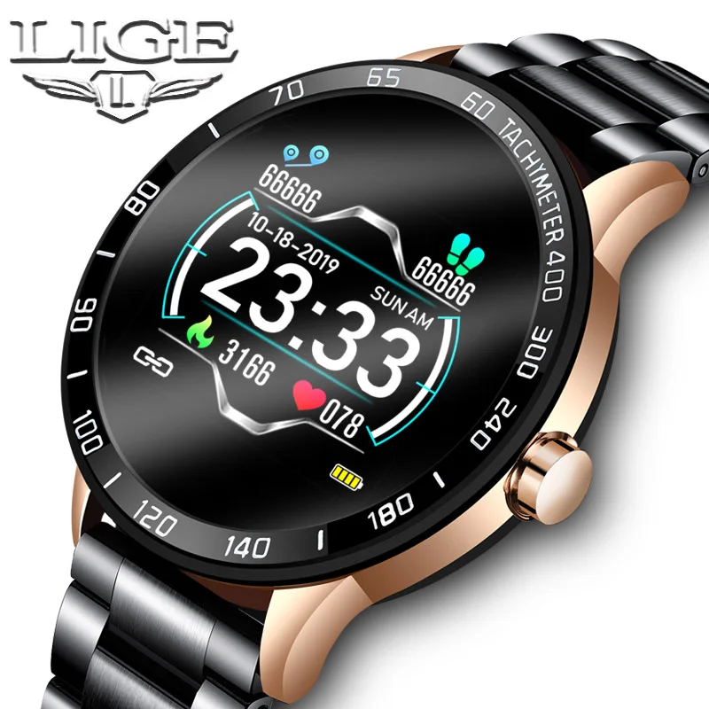 

LIGE Smart Watch Pedometer Fitness Tracker Blood Pressure Monitoring Sports Smart Watch iOS Heart Rate Android Steel Band Men