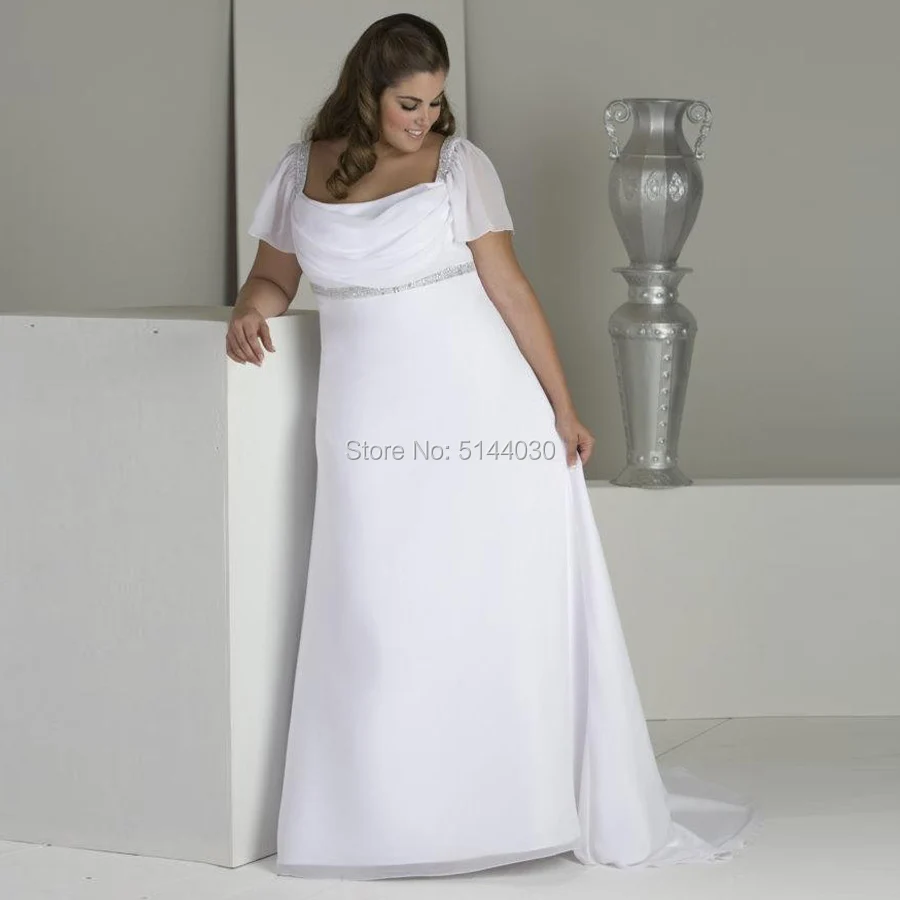 

2019 Charming Square Neck Plus Size Wedding Dresses Vestido De Noiva Short Sleeves Beading Sequins Chiffon Beach Bridal Gown