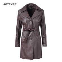 Осенне-зимнее женское пальто повседневное одноцветное длинное плотное пальто из искусственной кожи женское винтажное двубортное черное байкерское пальто