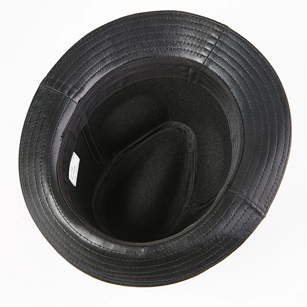 LA SPEZIA Men Fedora Hat Real Leather Sheepskin Dark Brown Jazz Hat Male Autumn Winter High Quality Men's Flat Top Cap