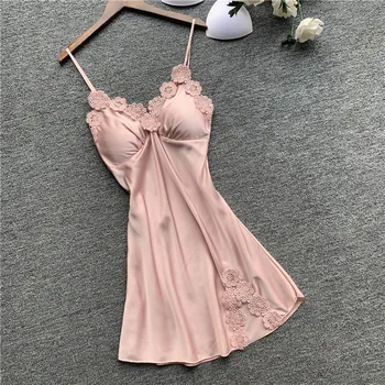 

Summer Sexy Lace Trim Nightdress Women Silk Satin Sleeveless Nightgown Soft Sleepwear Homewear With Chest Pads