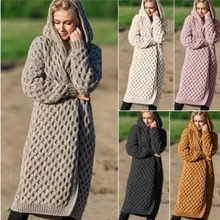 Элегантное шерстяное вязаное винтажное пальто для женщин с открытой строчкой размера плюс, зимнее теплое пальто с длинным рукавом, кардиган с капюшоном, свитер