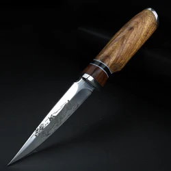 Cuchillo corto para exteriores, herramienta de supervivencia para acampada salvaje, hoja fija, patrón de hoja, hecho a mano, con mango de madera