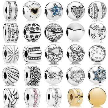 

NEW 100% 925 Sterling Silver Signature Safety Clip Original Charm Gold Bead Clear Fit Bracelet DIY bangle Jewelry Birthday Gift