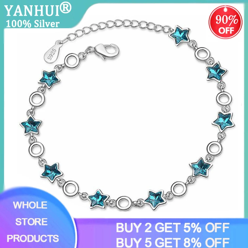 

YANHUI 100% Original 925 Sterling Silver Blue Crystal Stars Chain Bracelet Sweet Pentagram Charms Bracelet For Women SL090