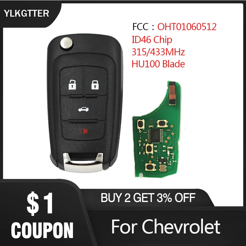 

YLKGTTER 4 Button Car Remote Key Suit for Chevrolet Malibu Cruze Aveo Spark Sail with 315/433MHz ID46 Chip Control Alarm Fob