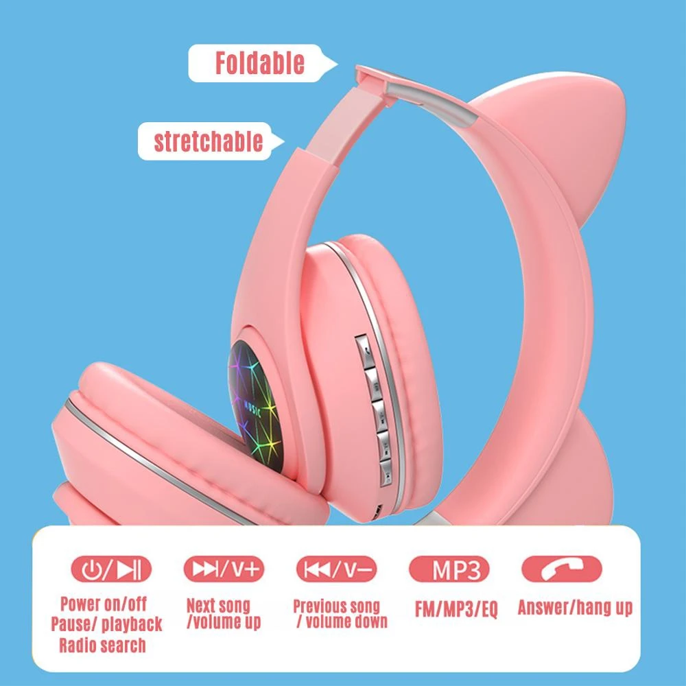 Kids Bluetooth Headphones Glowing Cat Ear Wireless Children Headset With MIC Stereo Music Earphones Support TF Card AUX Play